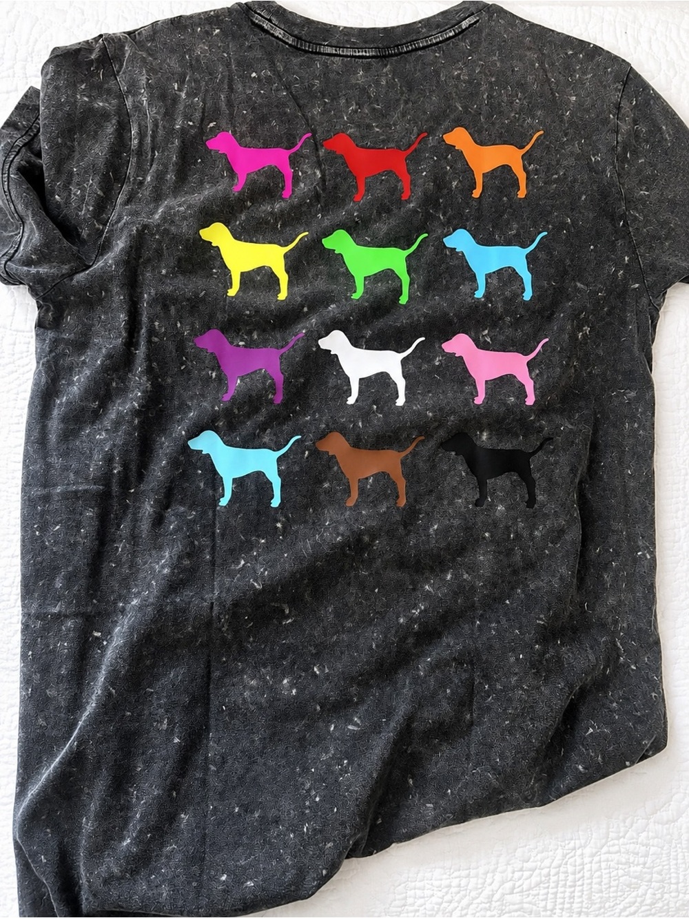PINK Victoria's Secret Black Mineral Wash Tee with Multicolor Dog Logo Grid